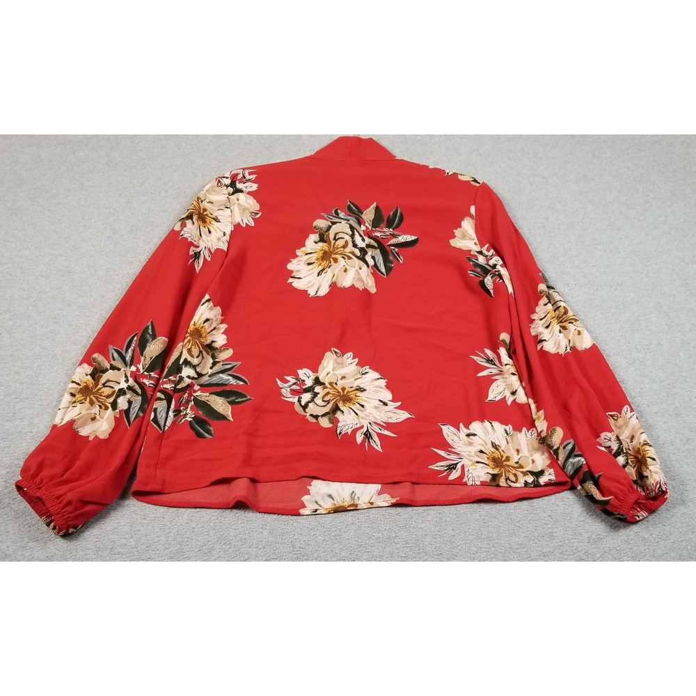 SHEIN Blouse Women M Medium Red Floral Tie Neck Long Sleeve Romantic Cottage Top - Picture 5 of 10